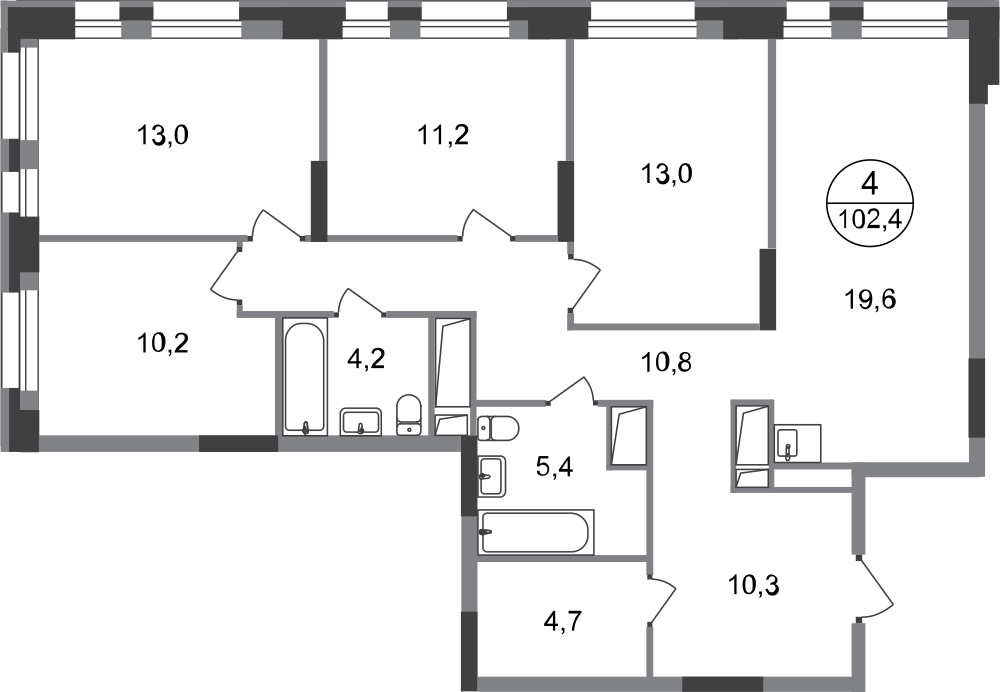 4-комнатная 102 м2 в ЖК Первый Московский корпус null этаж 3