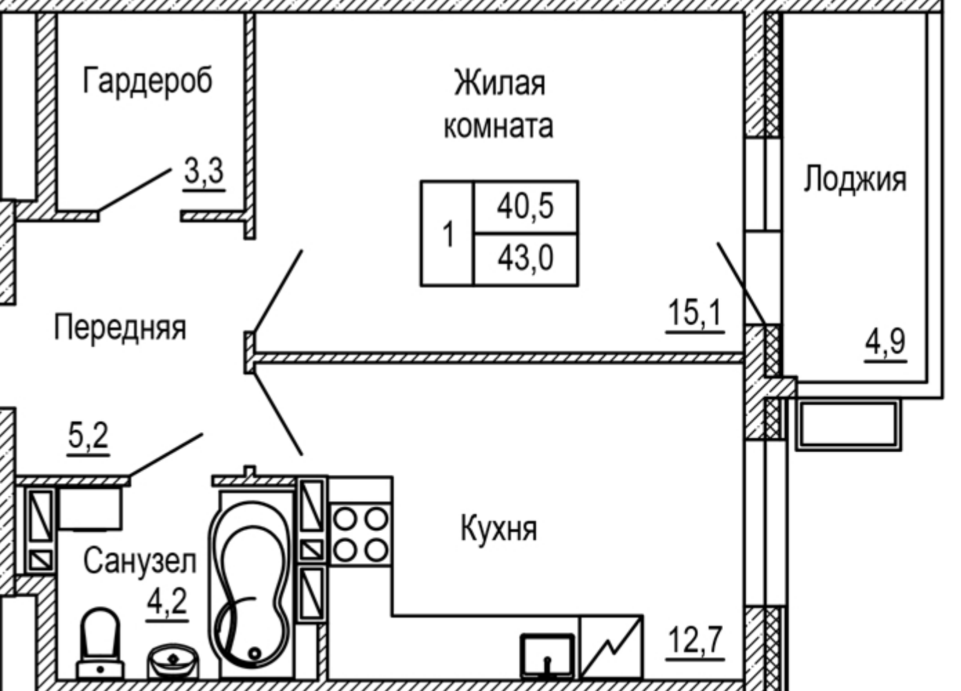 1-комнатная 43 м2 в ЖК Гармония корпус null этаж 13