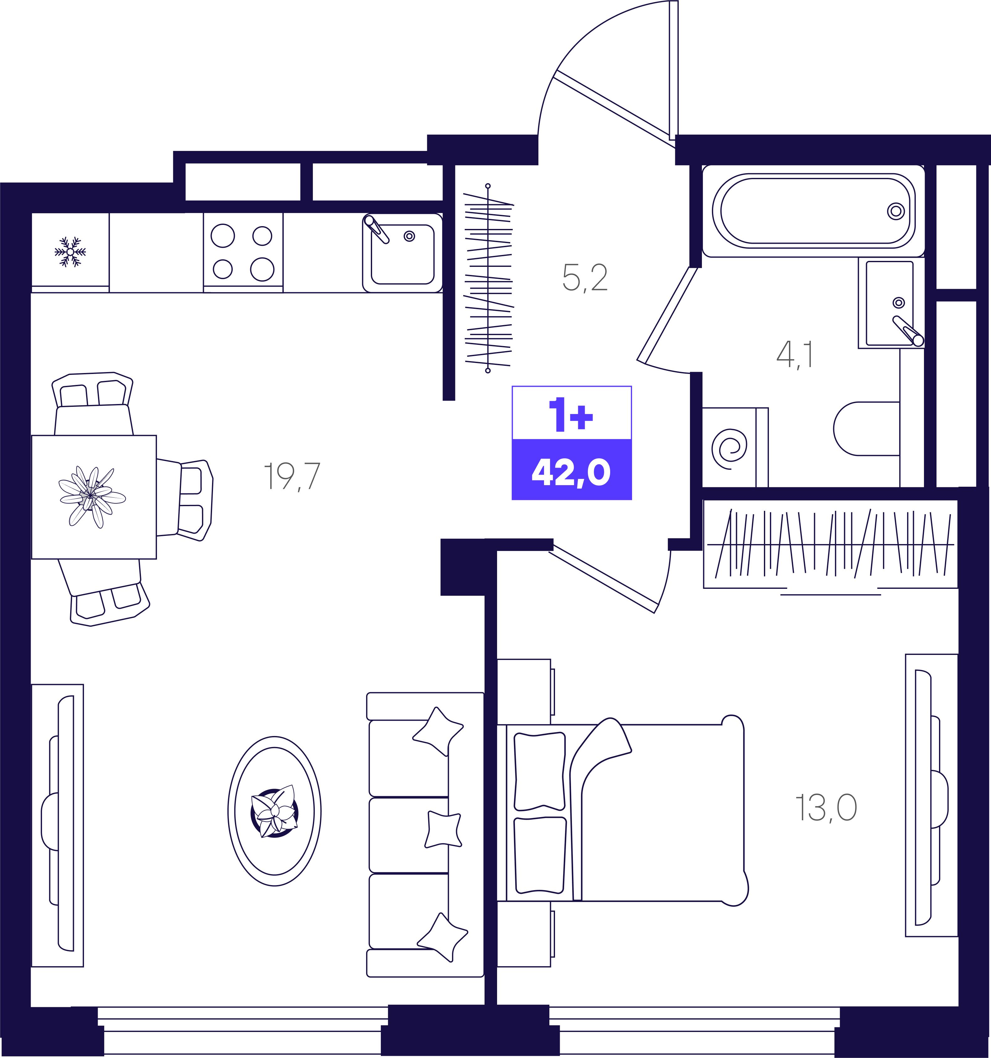 1-комнатная 42 м2 в ЖК Отличие корпус null этаж 3