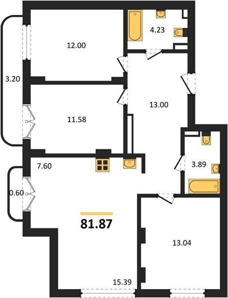 3-комнатная 81.9 м2 в ЖК undefined корпус null этаж 7