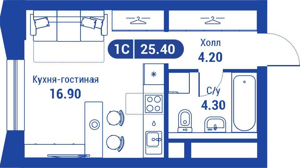 1-комнатная 25 м2 в ЖК iLove корпус null этаж 20