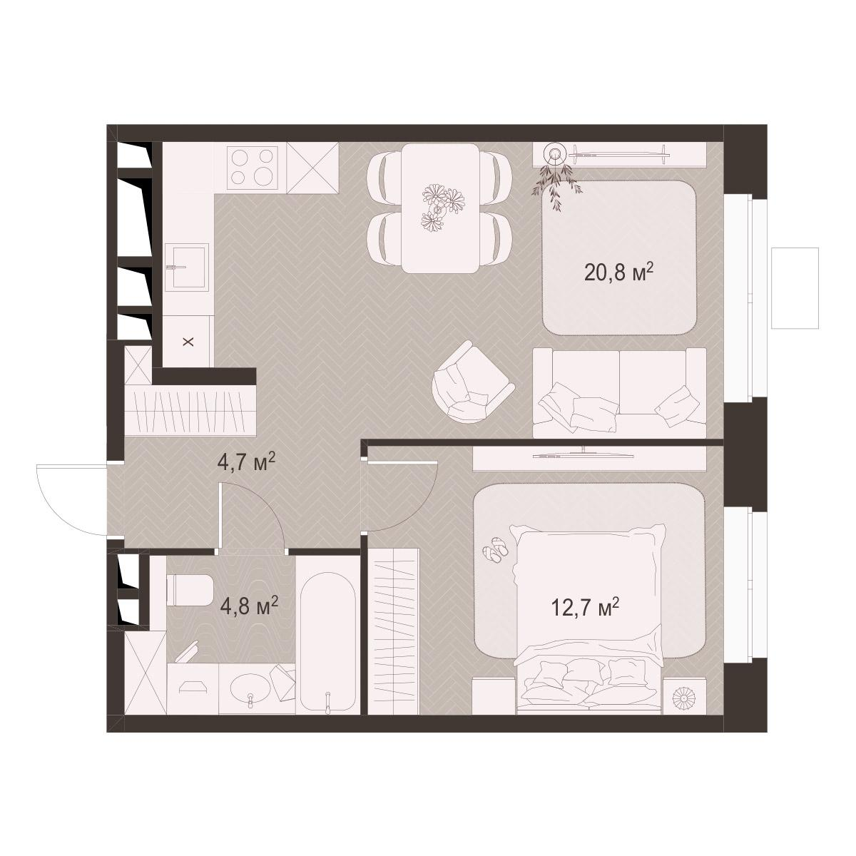 1-комнатная 43 м2 в ЖК Гранд Комфорт-3 корпус null этаж 4