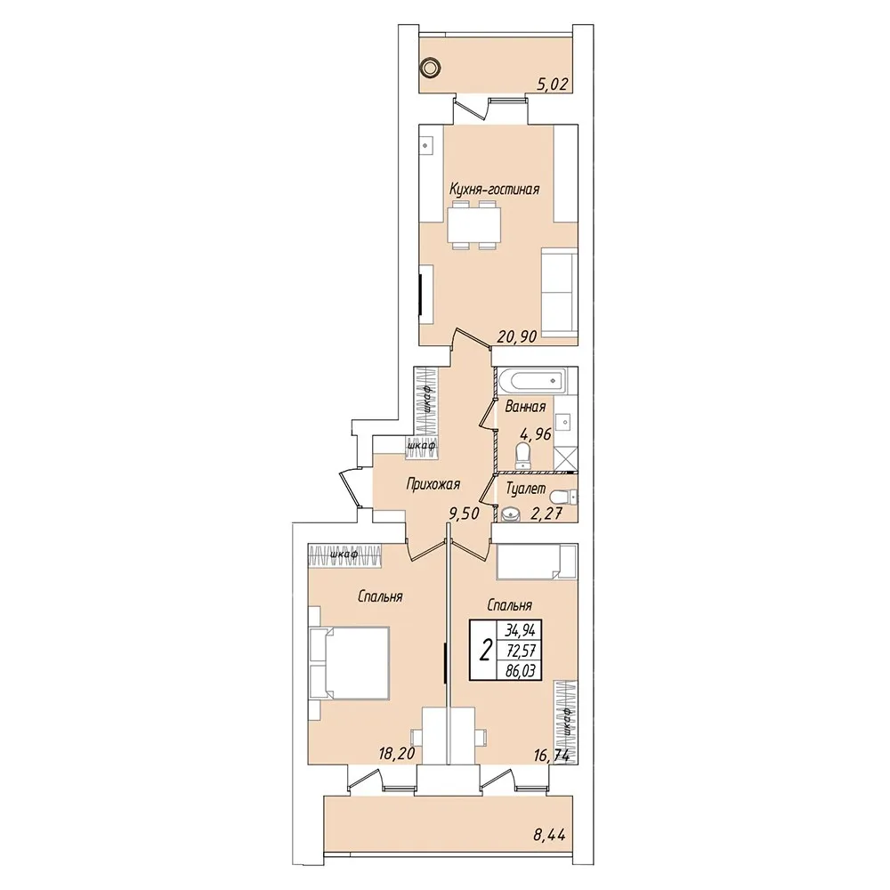 2-комнатная 86 м2 в ЖК «Мирный» поз. 27 корпус null этаж 1