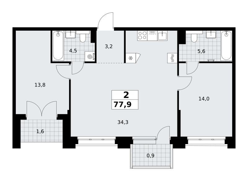 2-комнатная 77 м2 в ЖК Хольм корпус null этаж 5