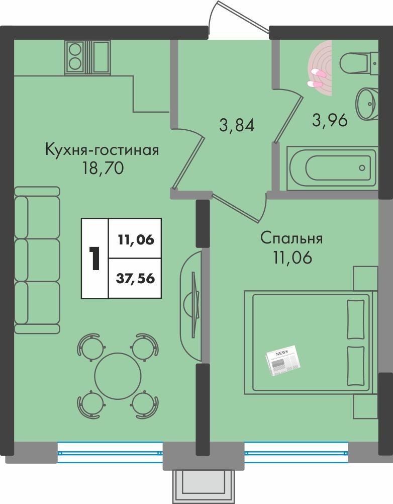 1-комнатная 37 м2 в ЖК Зеленая территория корпус null этаж 2