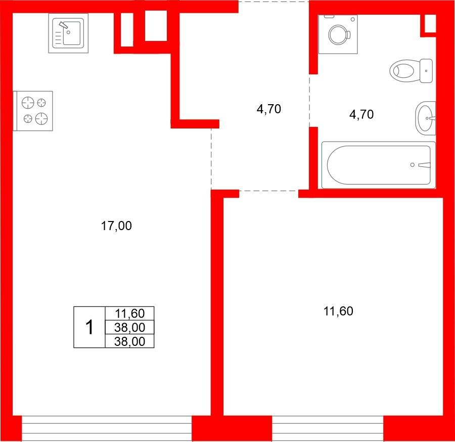 1-комнатная 38 м2 в ЖК PLUS Пулковский корпус null этаж 1