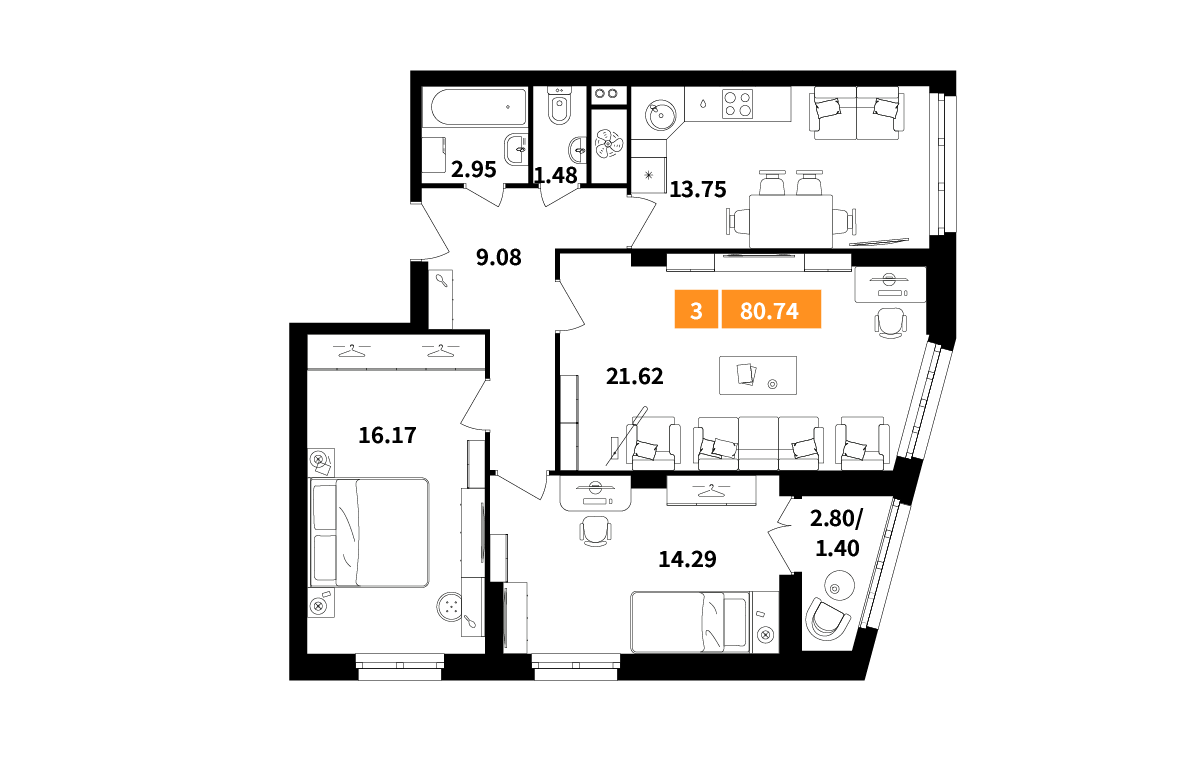 3-комнатная 80 м2 в ЖК Планерный квартал корпус null этаж 10