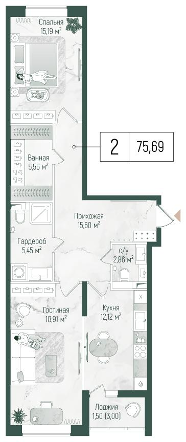 2-комнатная 77 м2 в ЖК Рига Хиллс корпус null этаж 1