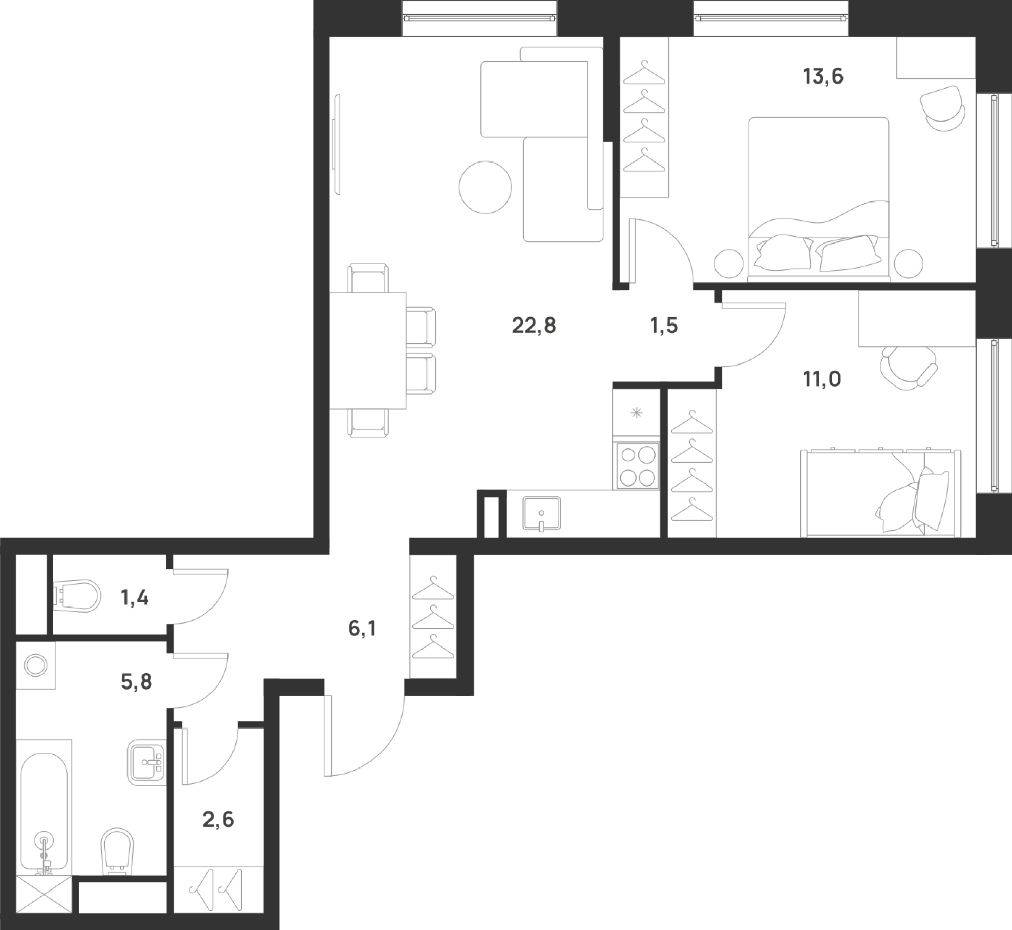 2-комнатная 64 м2 в ЖК Foreville корпус null этаж 1