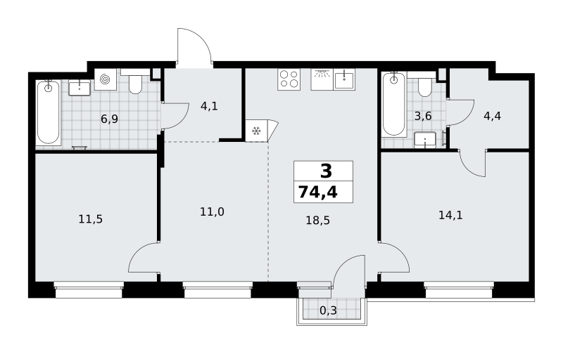 3-комнатная 74 м2 в ЖК Хольм корпус null этаж 5