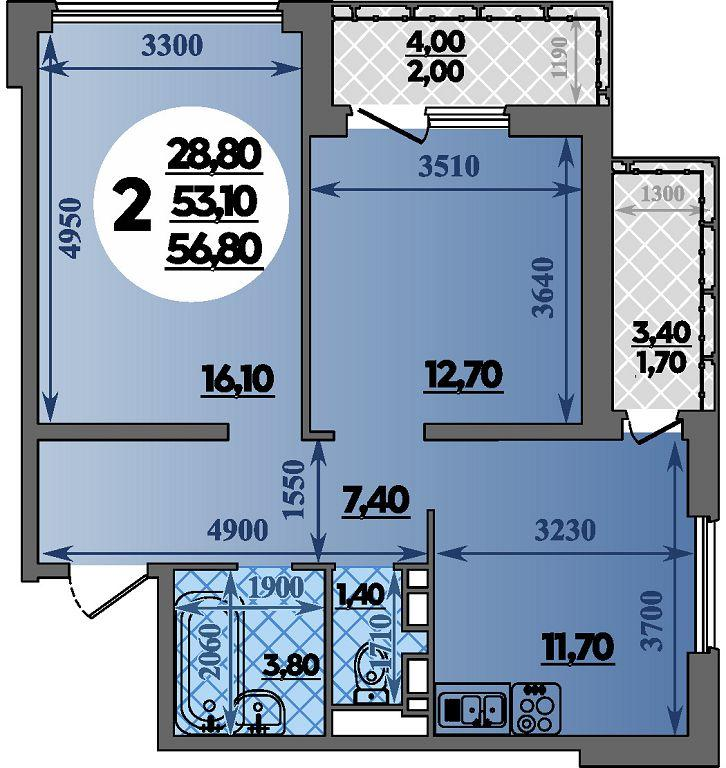 2-комнатная 56 м2 в ЖК Парк у дома корпус null этаж 7