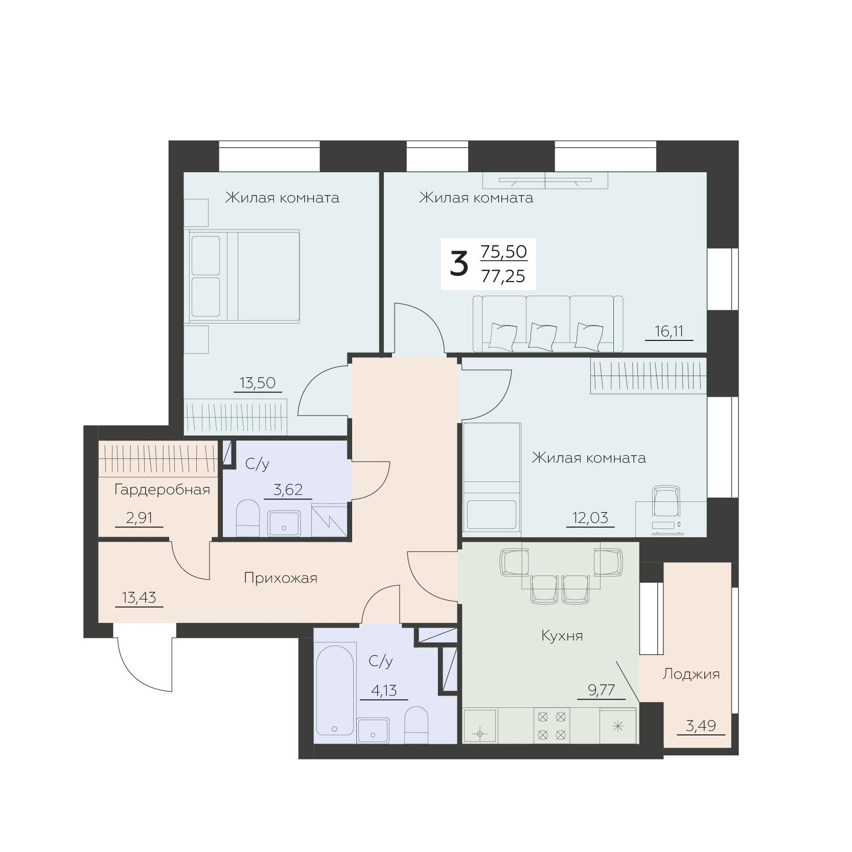 3-комнатная 77 м2 в ЖК Заря корпус null этаж 11