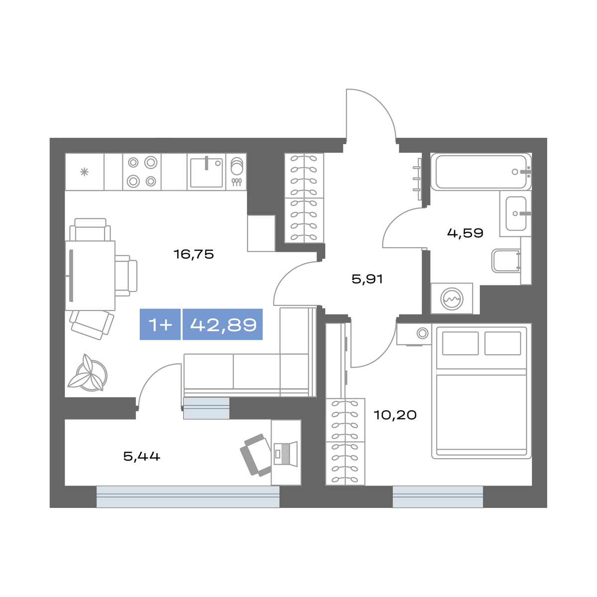 1-комнатная 42 м2 в ЖК Пятнашка корпус null этаж 7