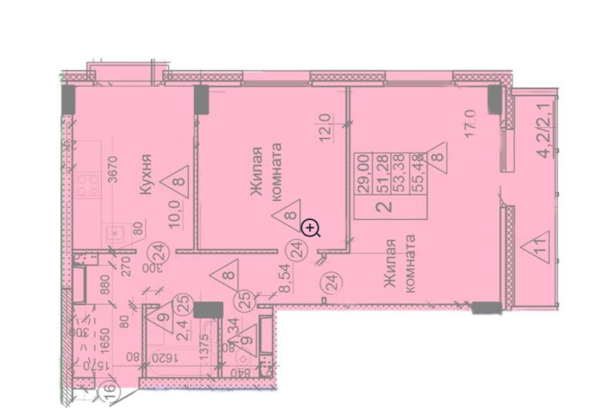 2-комнатная 55.5 м2 в ЖК undefined корпус null этаж 2