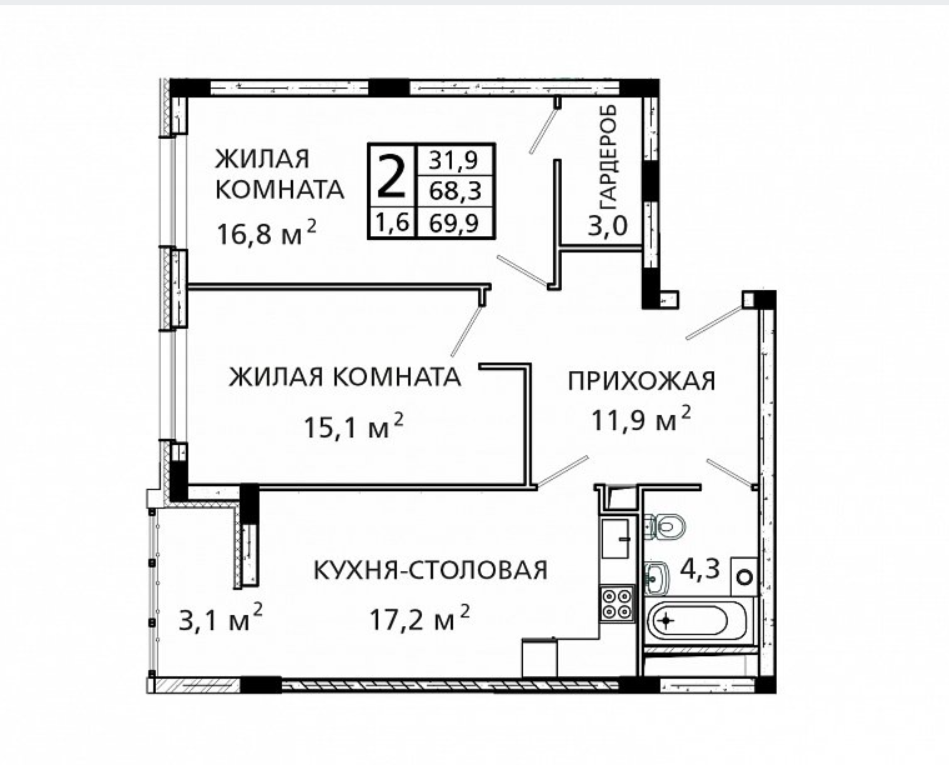 2-комнатная 69.9 м2 в ЖК undefined корпус null этаж 6