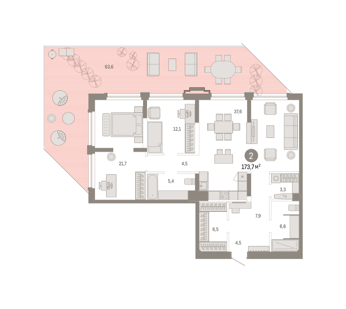 2-комнатная 173 м2 в ЖК Зарека корпус null этаж 3
