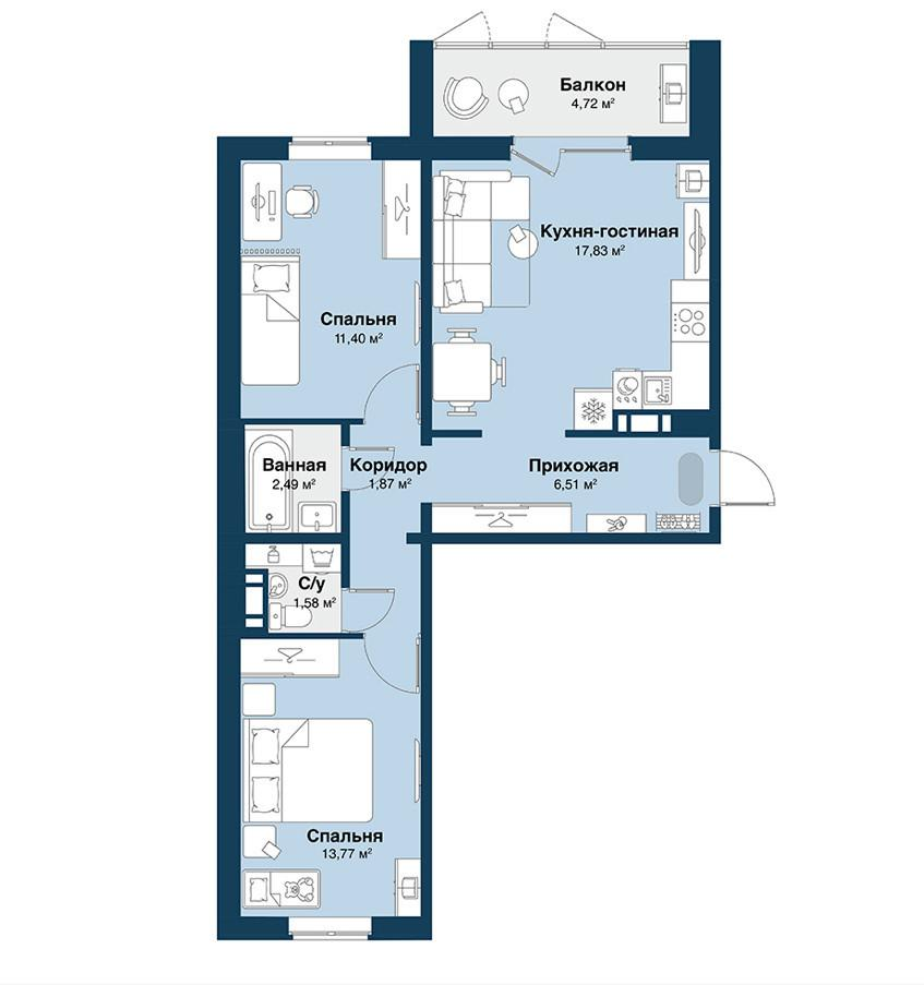 3-комнатная 63 м2 в ЖК undefined корпус null этаж 3