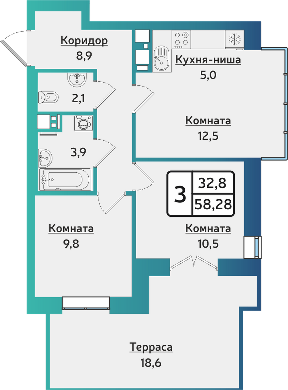 3-комнатная 58 м2 в ЖК Артнова корпус null этаж 1