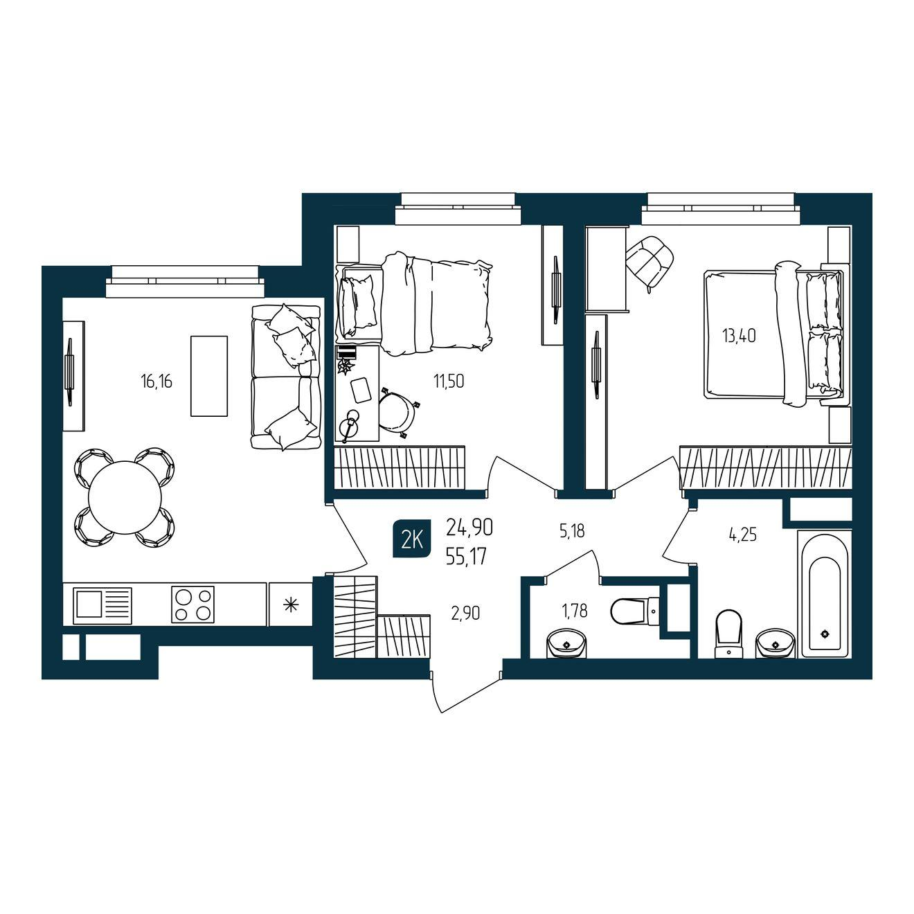 2-комнатная 55 м2 в ЖК Квартал Мятный корпус null этаж 8