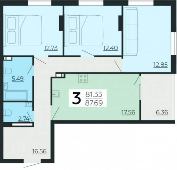 3-комнатная 87.1 м2 в ЖК undefined корпус null этаж 23