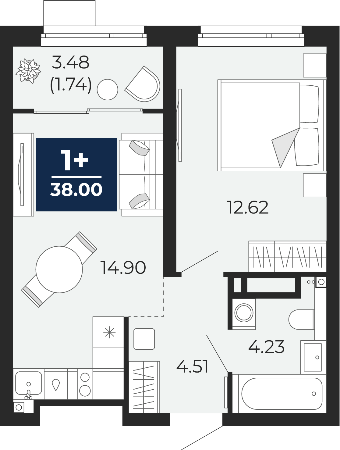 1-комнатная 36 м2 в ЖК Прео корпус null этаж 7