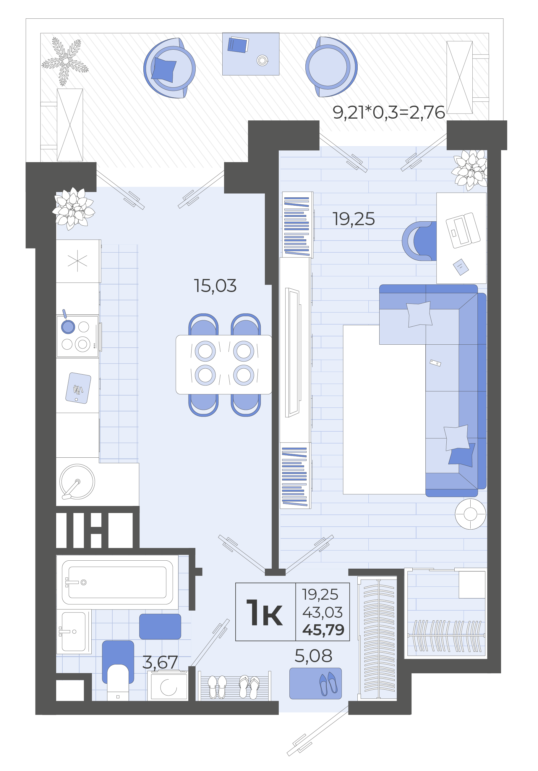 1-комнатная 45 м2 в ЖК Высочество корпус null этаж 2