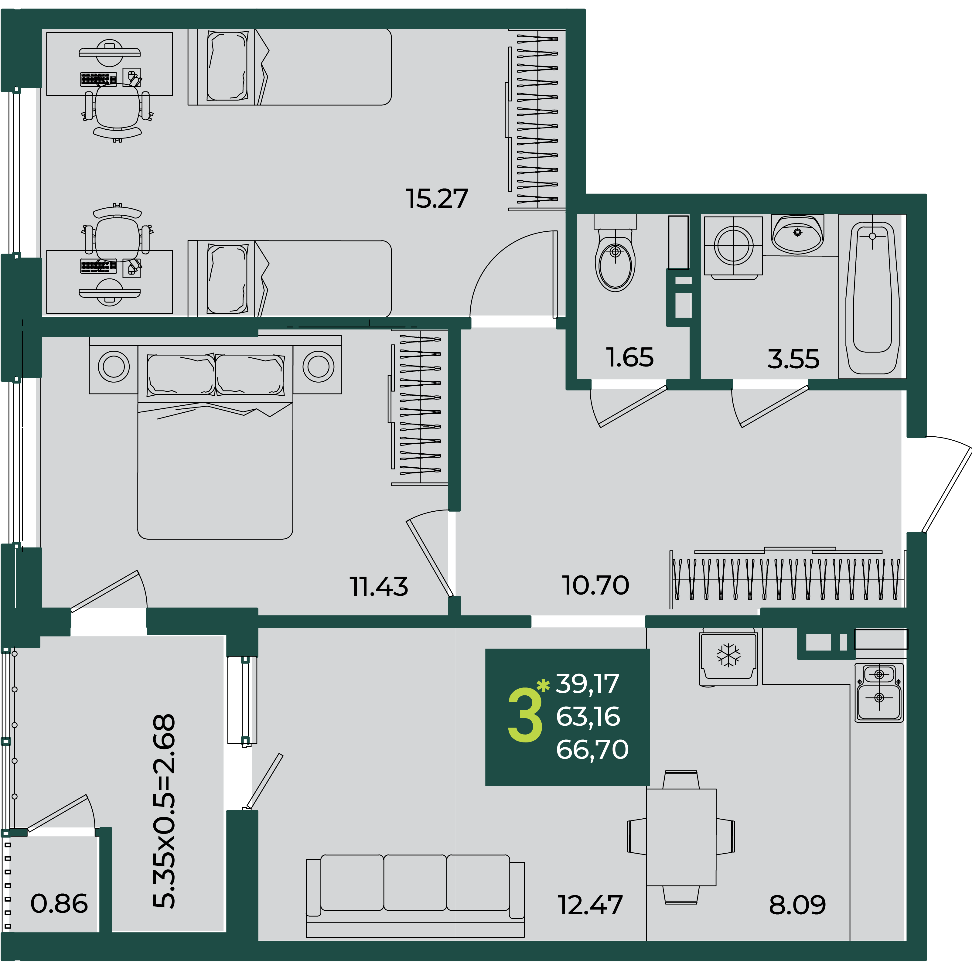 3-комнатная 66 м2 в ЖК Образцово корпус null этаж 5