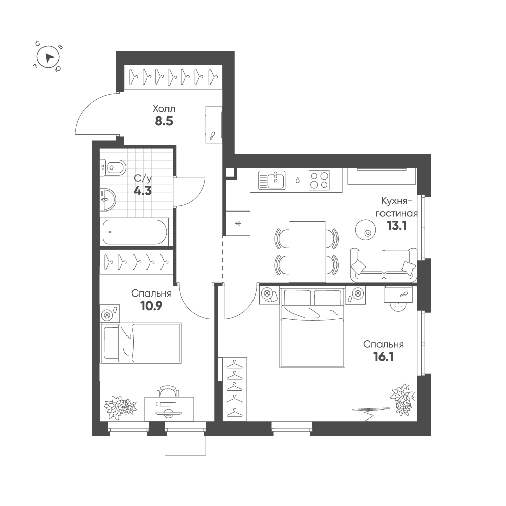 2-комнатная 52 м2 в ЖК Ягодное Река Парк корпус null этаж 3