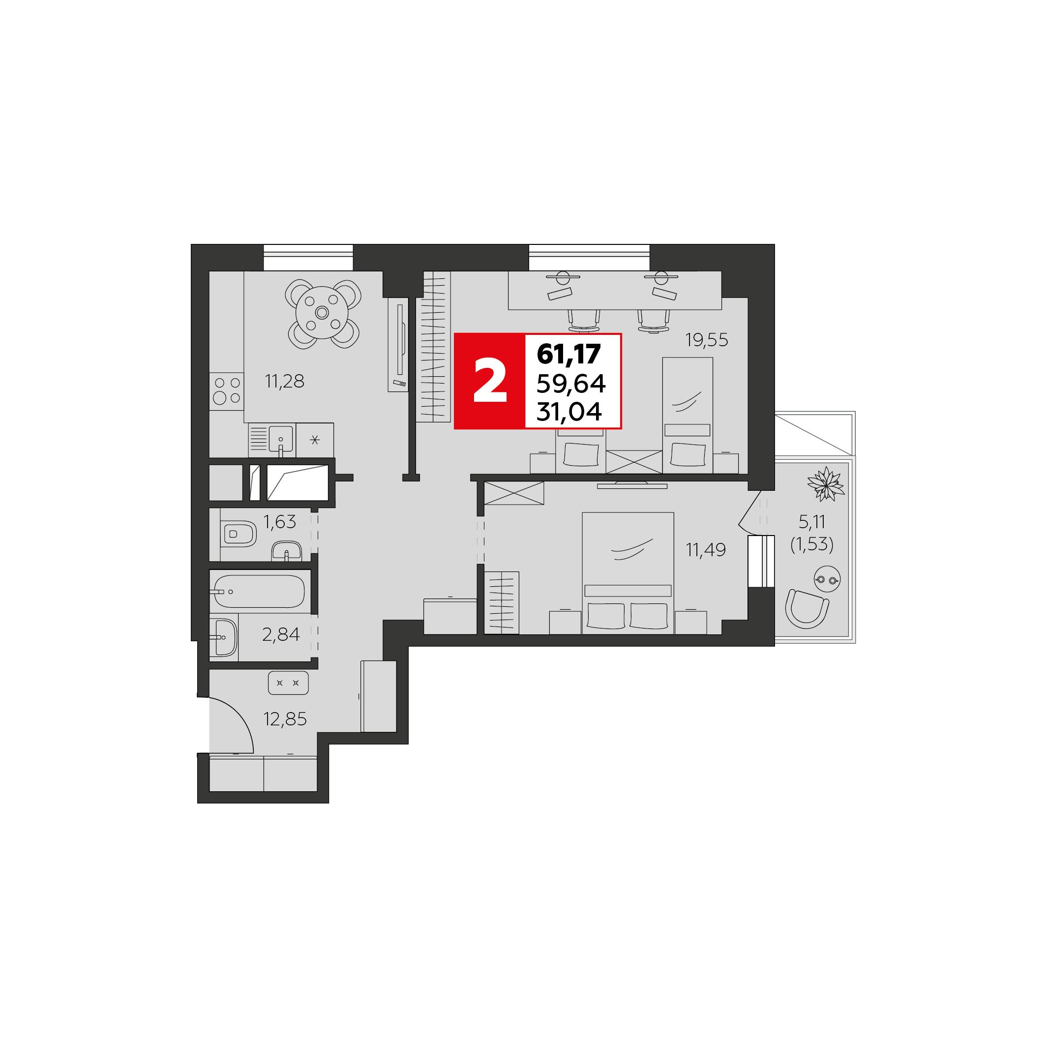 2-комнатная 61 м2 в ЖК Высотка корпус null этаж 15