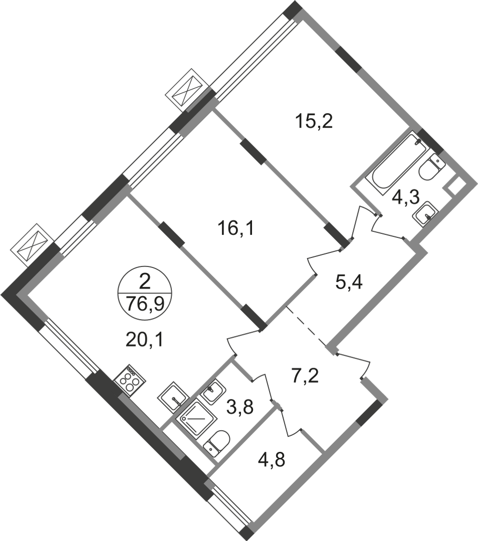 2-комнатная 76 м2 в ЖК Резиденции Сколково корпус null этаж 3