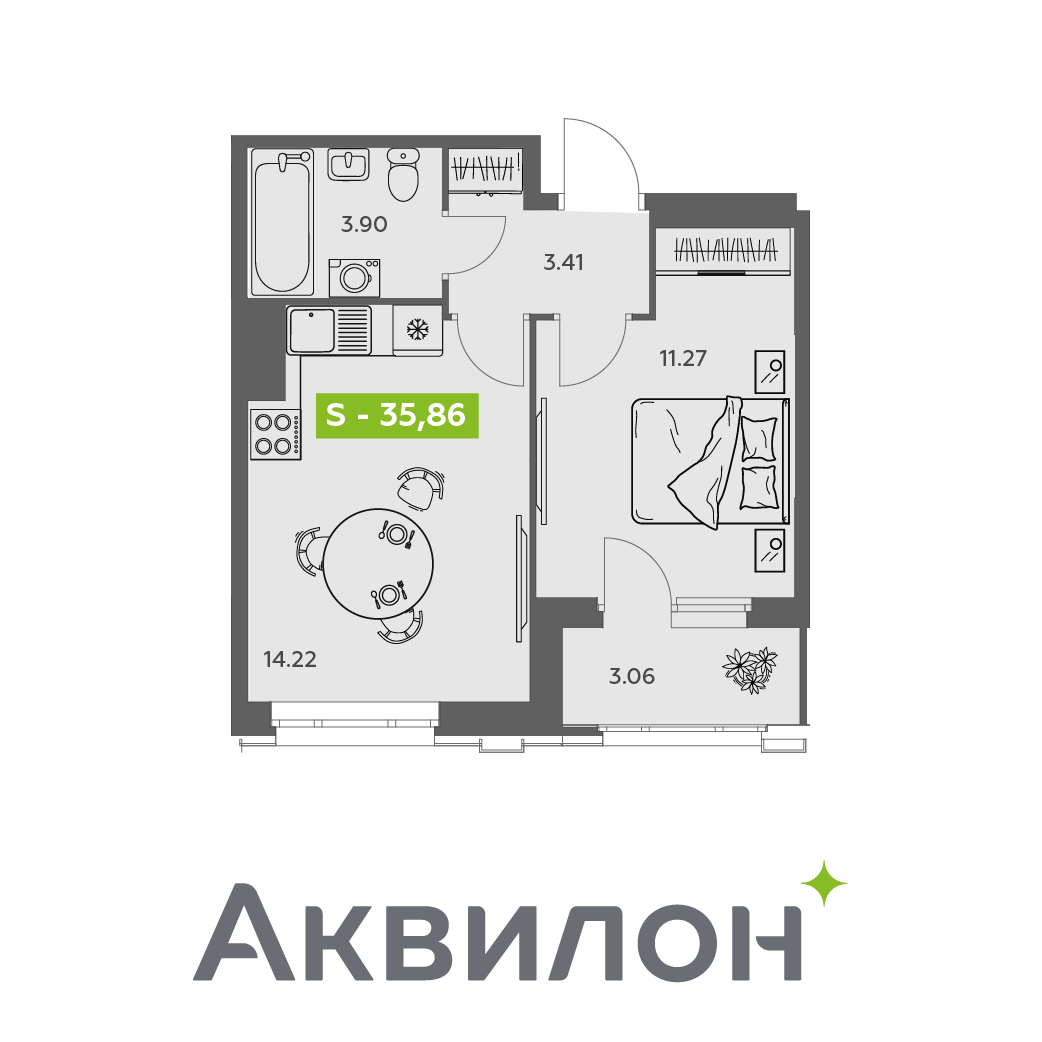 Студия 35 м2 в ЖК Аквилон АКВАРТАЛ корпус null этаж 11