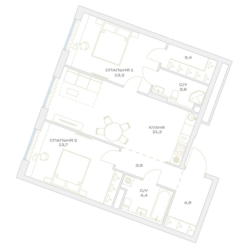 3-комнатная 68 м2 в ЖК Детали корпус null этаж 2