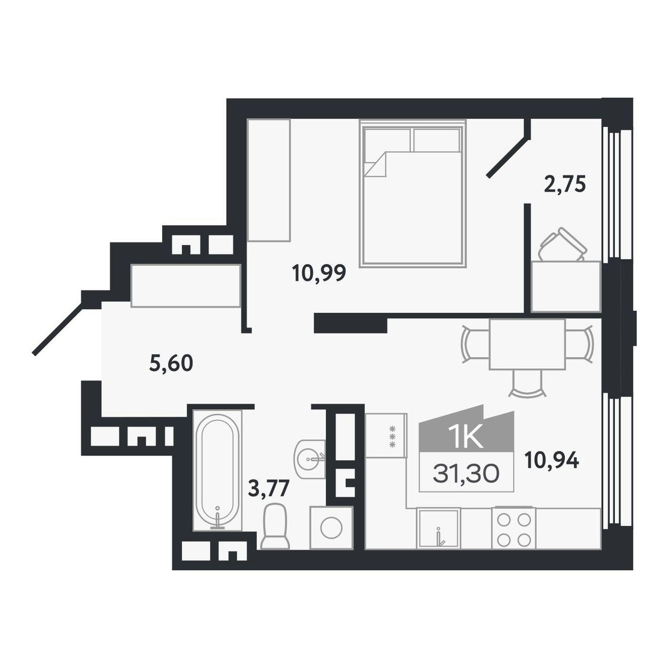 1-комнатная 31 м2 в ЖК Квартал 1604 корпус null этаж 19