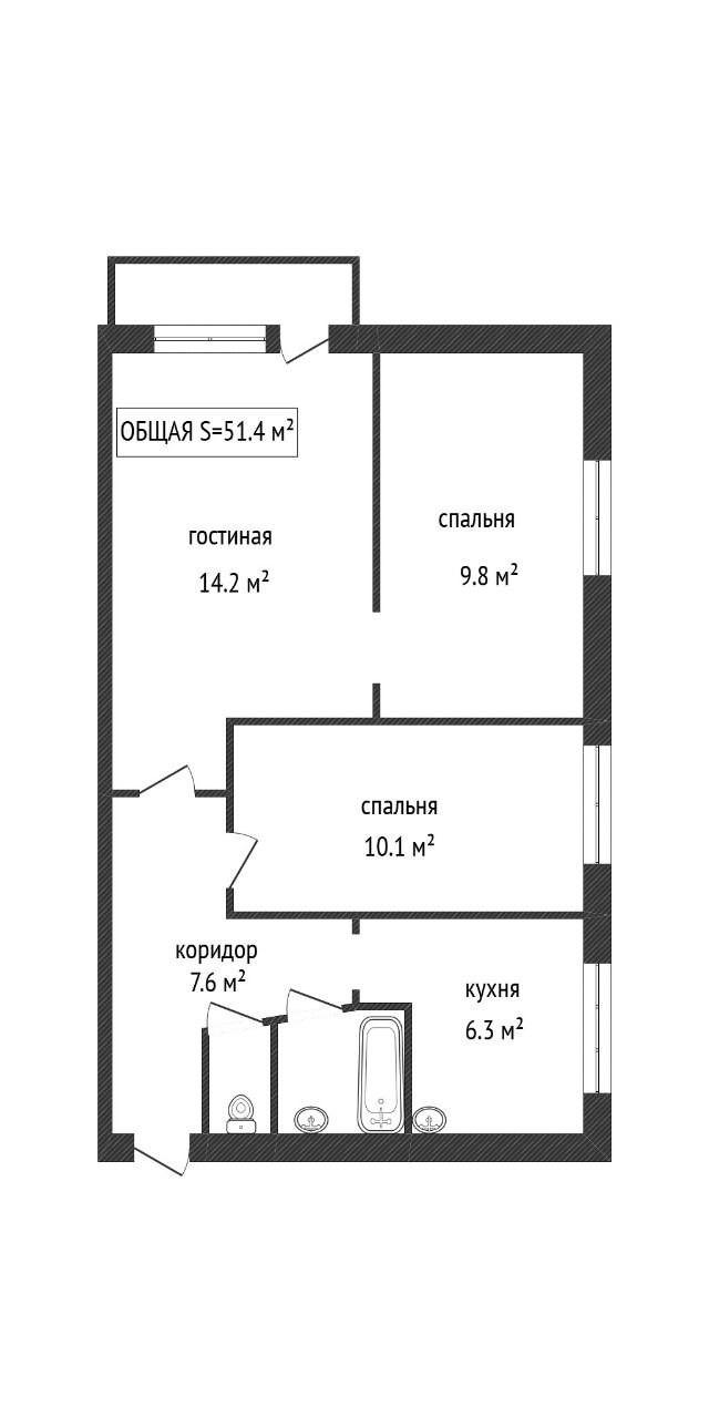 3-комнатная 51.4 м2 в ЖК undefined корпус null этаж 2