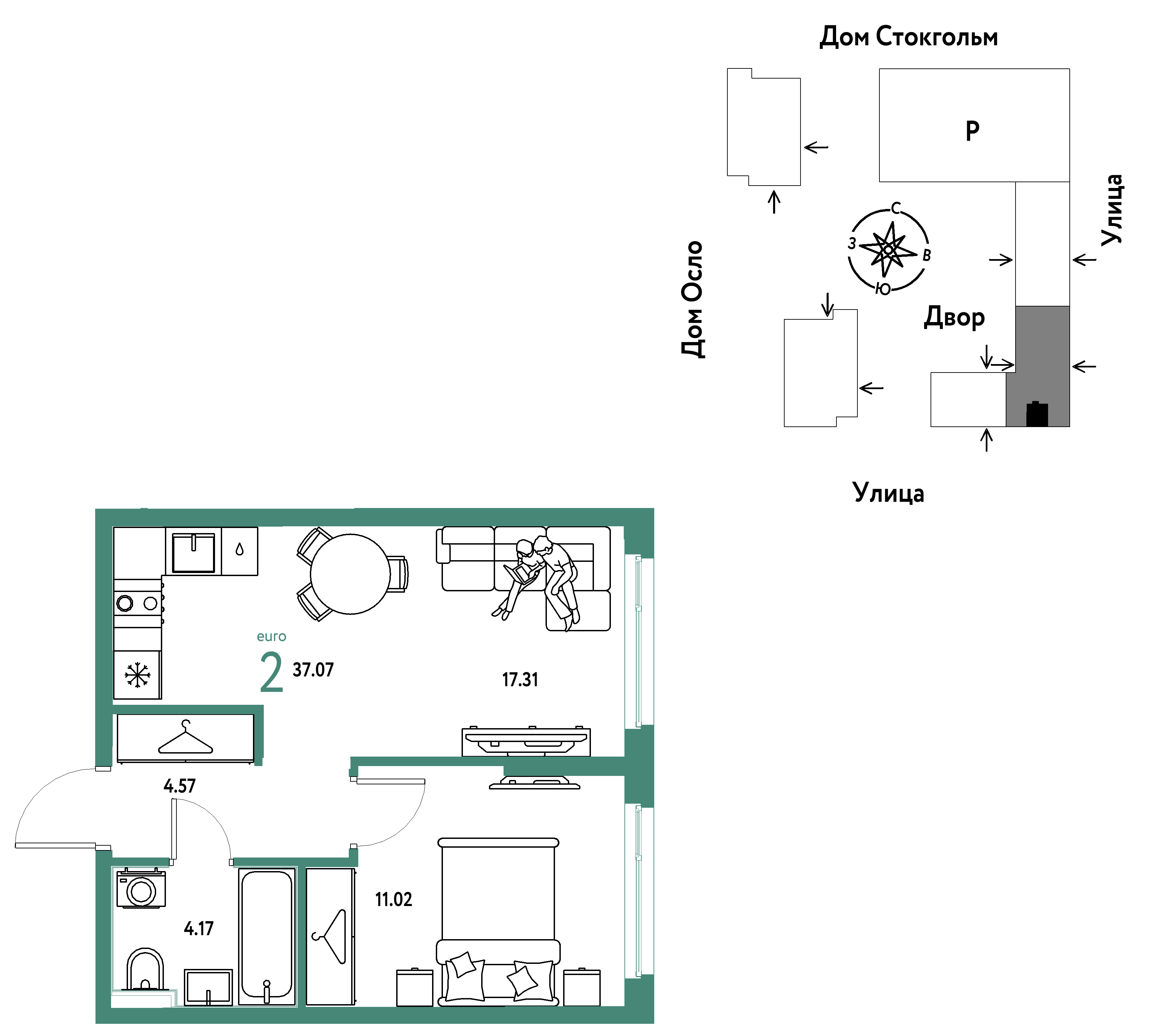 2-комнатная 37 м2 в ЖК Европейский берег 2.0 корпус null этаж 11