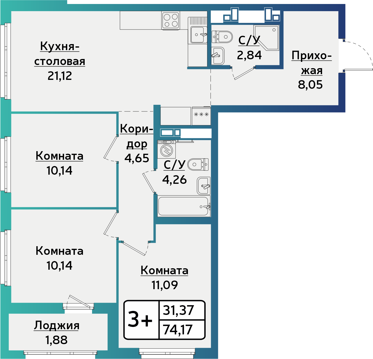 3-комнатная 74 м2 в ЖК БЕРША СИТИ корпус null этаж 4