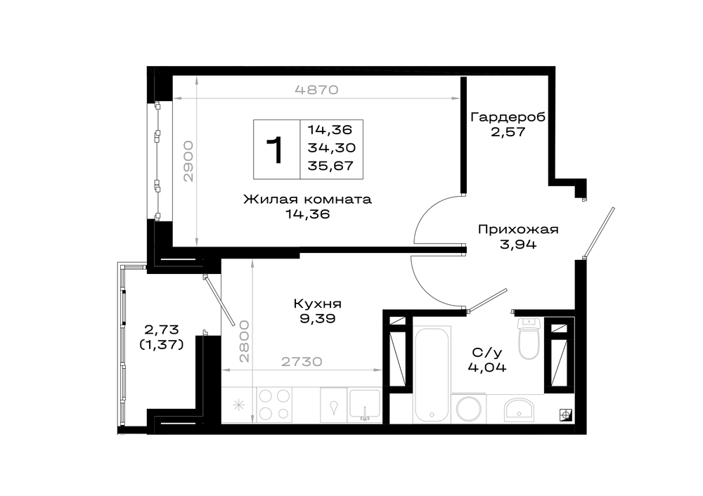 1-комнатная 35 м2 в ЖК Октябрь парк корпус null этаж 15