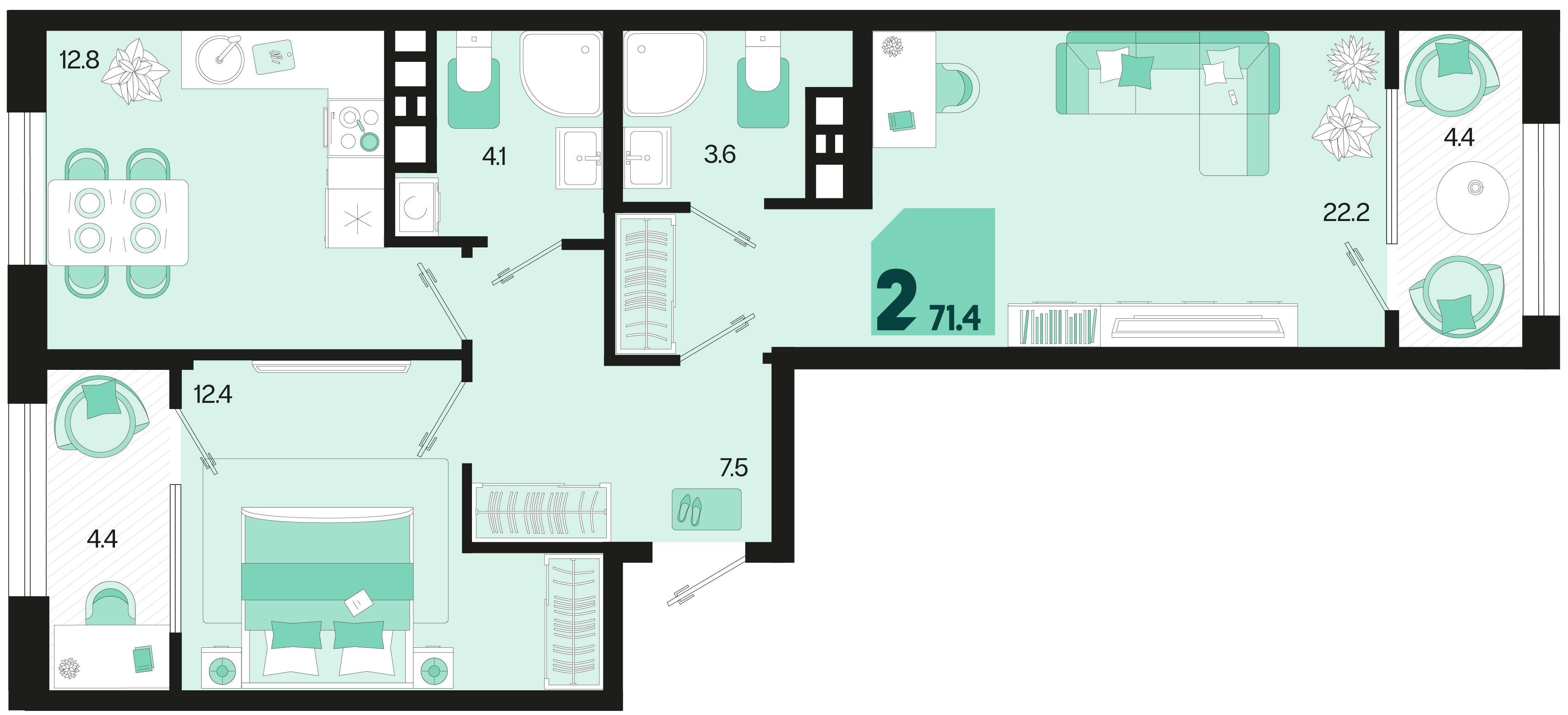 2-комнатная 71 м2 в ЖК Первое место корпус null этаж 9