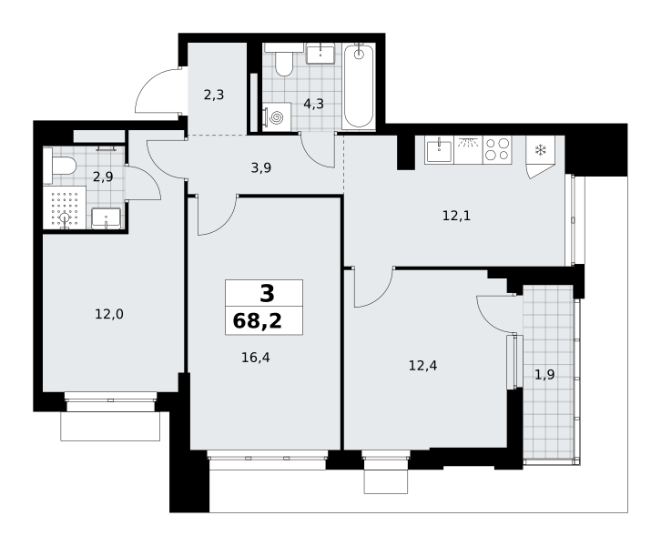 3-комнатная 68 м2 в ЖК Деснаречье корпус null этаж 4