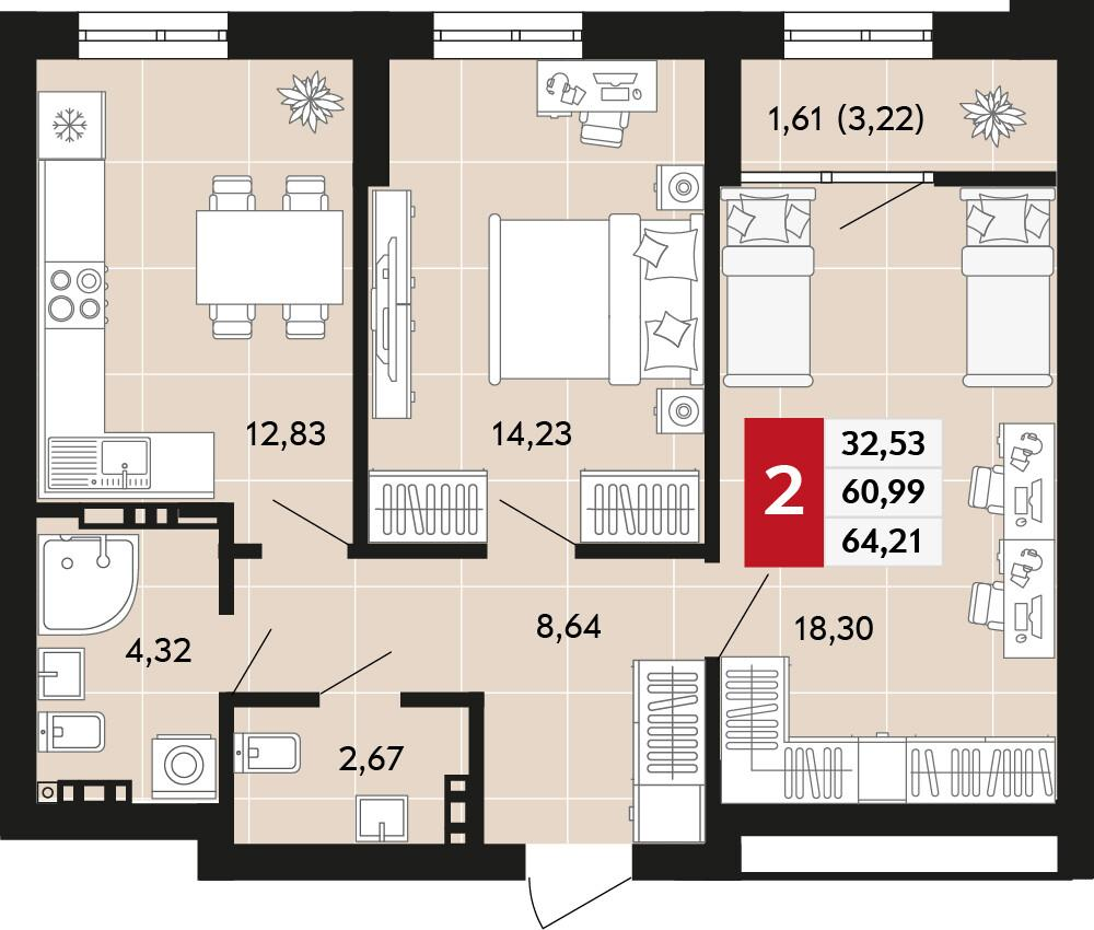 2-комнатная 64 м2 в ЖК Невский корпус null этаж 9