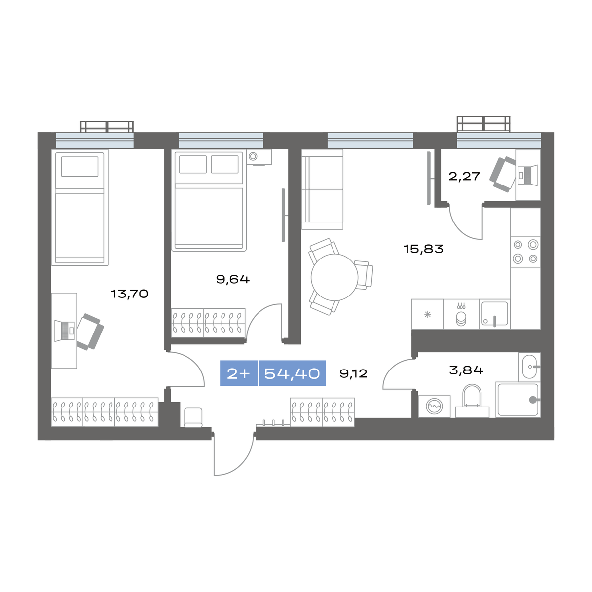 2-комнатная 54 м2 в ЖК Ритм корпус null этаж 15