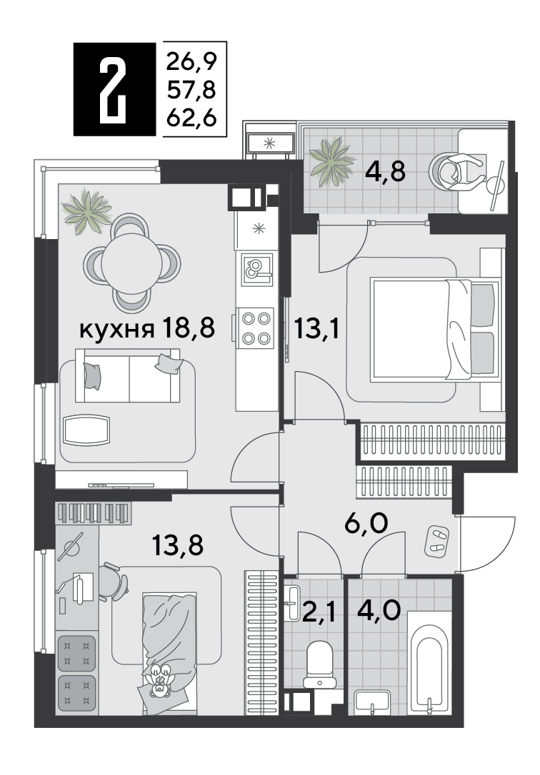 2-комнатная 62 м2 в ЖК Парк Победы 2 корпус null этаж 8