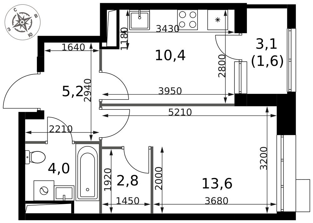 1-комнатная 37 м2 в ЖК 1-й Саларьевский корпус null этаж 6