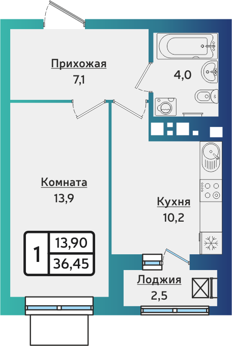 1-комнатная 36 м2 в ЖК ARTNOVA корпус null этаж 13