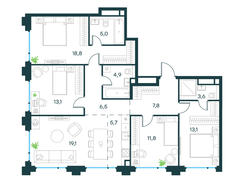 5-комнатная 109 м2 в ЖК Level Бауманская корпус null этаж 17
