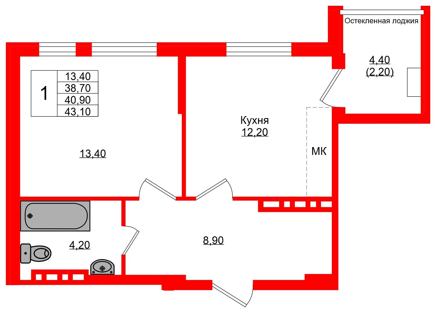 1-комнатная 40 м2 в ЖК Кроны и Волны корпус null этаж 2