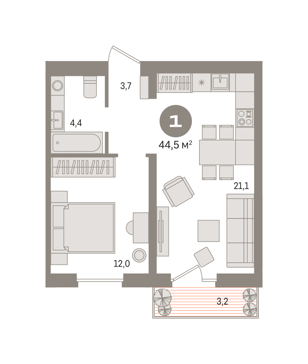 1-комнатная 44 м2 в ЖК Новин корпус null этаж 3