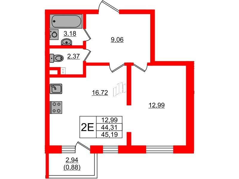1-комнатная 44 м2 в ЖК Золотые купола. Новая История корпус null этаж 2