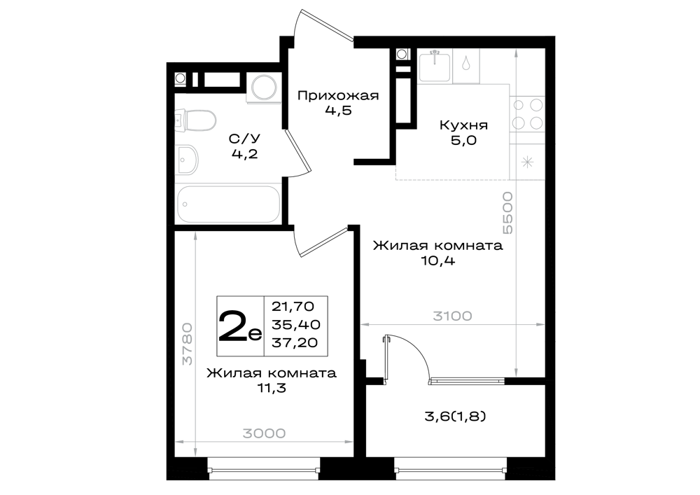 2-комнатная 37 м2 в ЖК Придонье корпус null этаж 7