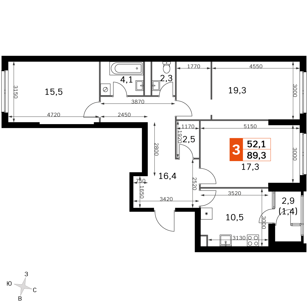 3-комнатная 87 м2 в ЖК Sky Garden корпус null этаж 4